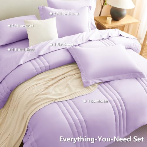 Image of CozyLux Queen Comforter Set Lavender - 7 Pieces Bed in a Bag, Modern Vertical Quilted Room Decor, Soft All-Season Bedding Gift with Comforter, Sheets, Pillowcases & Shams