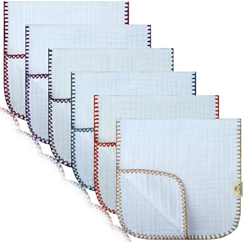 CM SHEEPCOTTON Turkish Muslin Burp Cloths%100 Cotton 6 Pack Large 4 Layers Extra Absorbent Soft and Breathable Feston Stitch (White)