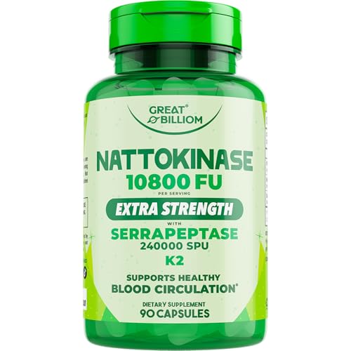 GREAT BILLIOM Nattokinase 10800 FU with Vitamin K2 MK-7 & Serrapeptase 240 000 SPU Supplement Natto Enzyme Heart Health Supplements for Blood Flow & Circulation Support 90 Capsules