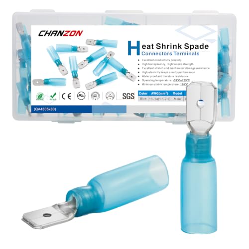Chanzon 80pcs Heat Shrink Male Spade Wire Connectors 1/4" 16-14AWG Blue