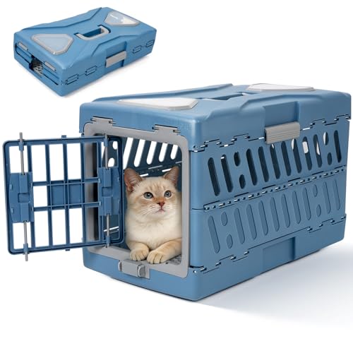 Pet Carrier for Cats & Small Dogs, Foldable & Durable Hard Cat Carrier Plastic, 2-Door 360° Ventilation Clear Top Pet Travel Kennel Crate for Longer Traveling Upto 22Lbs (22.0" L x 13.0" W x