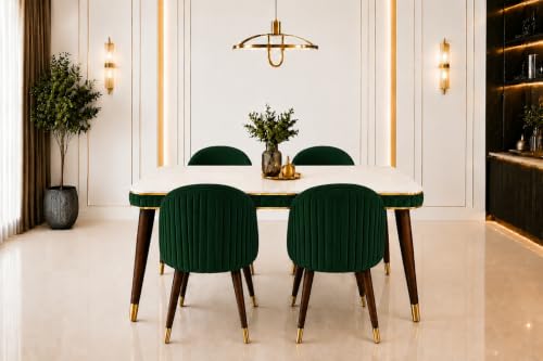Image of WOODEN SPACE Majestic 4 Seater Wooden Dining Table Set | Urban Marble Top Dining Table with Chairs for Dining Room & Kitchen (Dark Green Majestic Backline)