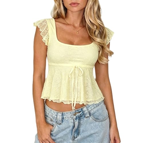 Women Y2k Square Neck Tops Cap Sleeve Ruffle Babydoll Layered Lettuce Trim Solid Color Going Out Shirts Tank Tops(Light Yellow,S)