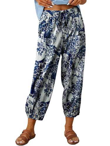 ABYOVRT Pantalon 7/8 Femme Été Imprimé Bohème Lin Ample Longueur Pants Cordon pour Décontracté à Jambes Léger en avec Poches Pantalon De Plage,Blanc,S