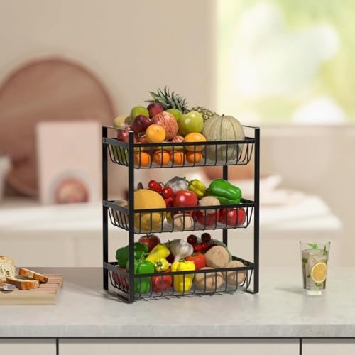 Image of 2 Tier Countertop Fruit and Vegetables Basket | Multipurpose Storage Organize Stand for Kitchen, Dining Table and Bathroom (3 Tier Black)