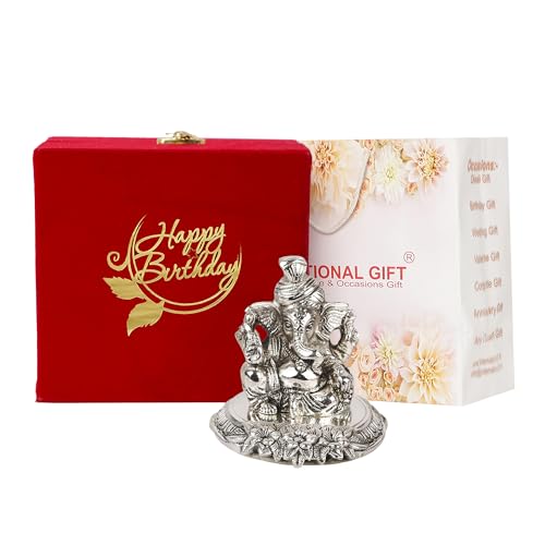 Image of INTERNATIONAL GIFT Silver Pagdi Ganesh God Idol | Happy Birthday Printed Box | Carry Bag