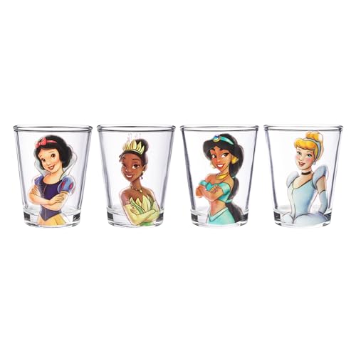 Image of Silver Buffalo Disney Princess Vintage Sketch Featuring Cinderella, Tiana, Snow White, and Jasmine 4 Pack Mini Glasses, 1.5 Ounces
