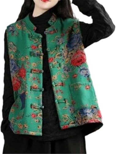 Chaqueta acolchada estilo chino para mujer, chaleco sin mangas acolchado floral vintage con cierre de nudo tradicional, parte superior oriental bordada, retro, bohemio, étnico, ropa de abrigo Hanfu,