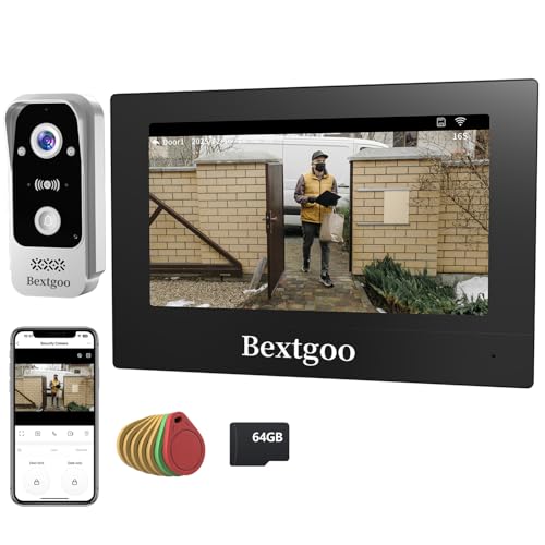Bextgoo Visiophone Filaire, 2K Visiophone Connecté WiFi, Interphone Vidéo 2 Fils, Moniteur Tactile Couleur 7" avec Carte SD 64G, App, Carte IC Unlock, Vision 170°, Détection Mouvement AI, IP66
