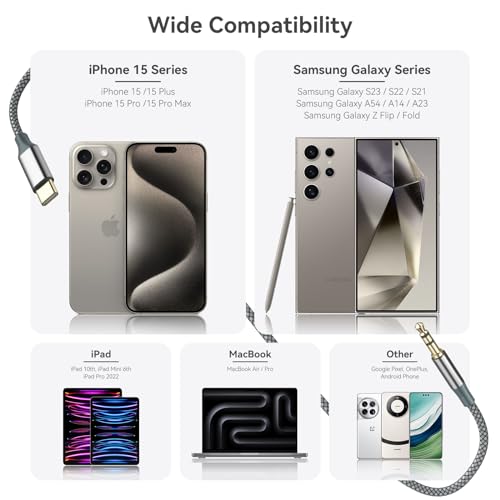 Image of Henrety Aux to USB C Cable 6.5ft, Nylon Braided Hi-Fi Audio Cord for Car, Headphones, Speakers, Compatible with iPhone 15 /16, Galaxy S23 /S22 /S21, Pixel, iPad Pro
