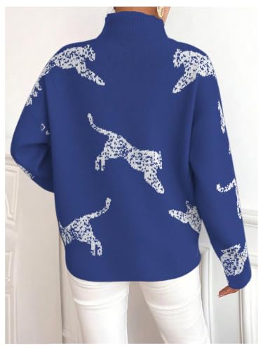 Image of WDIRARA Women's Leopard Tiger Print Sweater High Neck Long Sleeve Fuzzy Knitted Pullover Top