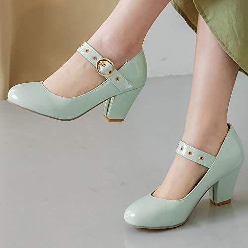 MAVMAX Women's Round Toe Chunky Heel Pumps Patent Leather Mary Janes3