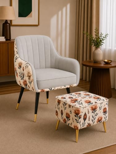 Image of Designer Accent Chair with Floral Printed Back & Footstool | Velvet Lounge Chair for Living Room, Makeup Vanity & Bedroom (Light Grey Floral Set)