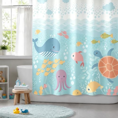 Image of Sunlit Lovely Cartoon Baby Shower Curtain, Sea Creatures Light Blue Fabric Shower Curtain for Kids, Whale Turtle and Fish Ocean Theme Bathroom Decor Curtain for Children, Girls and Boys