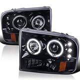 SPEC-D TUNING Halo Rim LED Glossy Black Housing Smoke Lens Projector Headlights Compatible with 1999-2004 Ford F-250/F-350/F-450/F-550 Super Duty, Left + Right Pair Headlamps Assembly