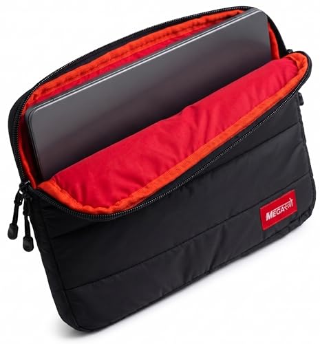 Image of MegaStro Laptop Sleeve (Fluffy) with 10 Year Warranty | Soft Puff Padding, Water Resistant, Zipper Closure | Compatible with MacBook, Lenovo, Dell, HP, Acer & Asus (Black /Red, 13 Inch)