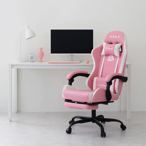 Image of N-GEN GAMING Gaming Chair with Footrest, Lumbar, High-Back, Pink White | Reclining Backrest, Linkage Armrests, Durable PU Leather, Adjustable Comfort for Extended Computer, Desk, or Home Office Use
