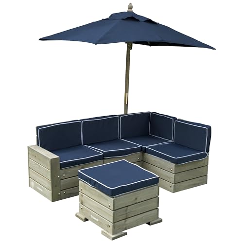 KidKraft Wooden Outdoor Sectional Ottoman & Umbrella Set with Cus...