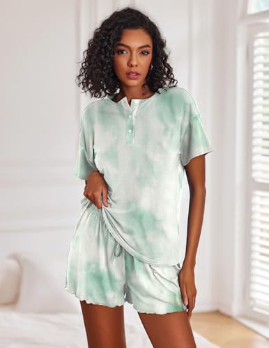 Image of Ekouaer Pajamas Set for Women Short Sleeve Lounge Set 2 Piece Loungewear PJs Soft Cute Lightweight Sleepwear