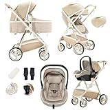 Lnhcrbs Kinderwagen 3 in 1, Stroller Set ist ein mit einer Hand faltbarer Aluminiumrahmen, Bergsteiger Kinderwagen ist aus Leder, wasser- und schmutzabweisend, Für 0-4 Jahre, 22KG (Khaki)