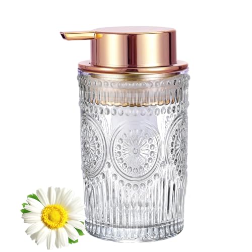 Image of Glass Soap Dispensers with Red Copper Pump Head, Large Bottle Mouth, Liquid Soap Dispenser for Kitchen and Bathroom, Heavey Sunflower Glass Cup 400ml /13.5oz - 1 Pack
