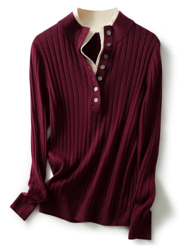 Women's Merino Wool Blend Sweater 2025 Fall Winter Fake Two Piece Color Block Stand Collar Long Sleeve Knit Pullover