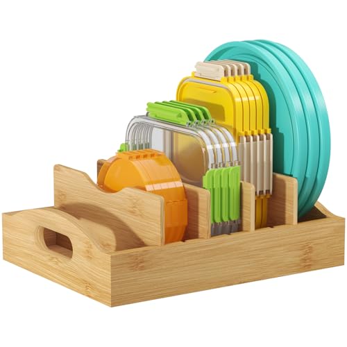 Lifewit Bamboo Lid Organizers for Inside Cabinet, Food Storage Container Lid Holder with 4 adjustable Inserts & 5 Compartments, Lid Storage for Kitchen Pantry Organization, 10.6' X 8.3'