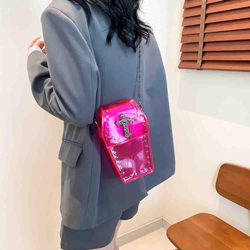 Image of Gothic Rivet Coffin Shape Crossbody Bag, Women's Studded Cross Transparent Shoulder Bag, Novelty Vintage Punk Phone Purse