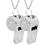 Whistle Bling Whistle Metal Crystal Rhinestone Whistles 2 Pcs Shining Glitter Loud Whistles with Long Chain Necklace Pendant Accessory for Women Men Coaches Referee Teacher Sport Training Silver