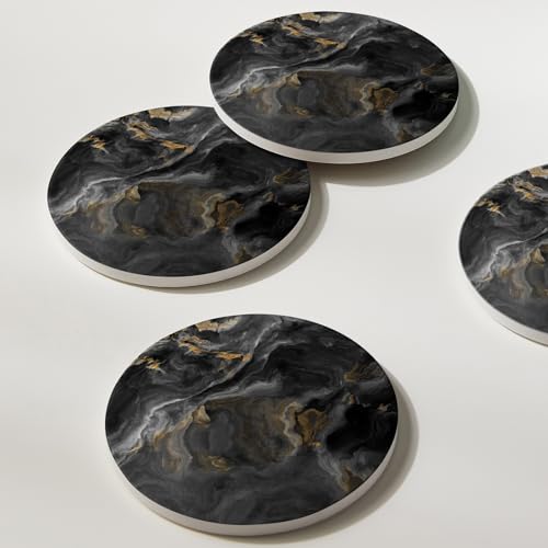 Image of Set of 6 Abstract Black Marble Coasters with Holder, Absorbent Ceramic Coasters for Drinks, Coasters with Cork Backing for Table Protection, Housewarming Gifts for New Home