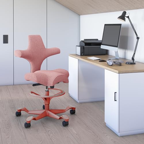 Image of HAG Capisco Sit to Stand Chair-Blush Rose Frame-Upholstered Pink Blush-with Foot Ring