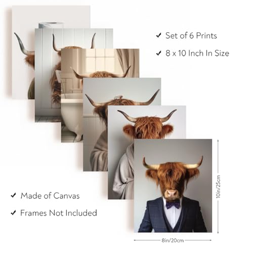 SUPERDANT 6 Pcs Highland Cow Wall Art Canvas Bathroom Wall Pictures Modern Toilet Canvas Pictures Highland Cow Print Paintings for Living Room Kid's Bathroom Toilet Decoration Unframed - Image 2