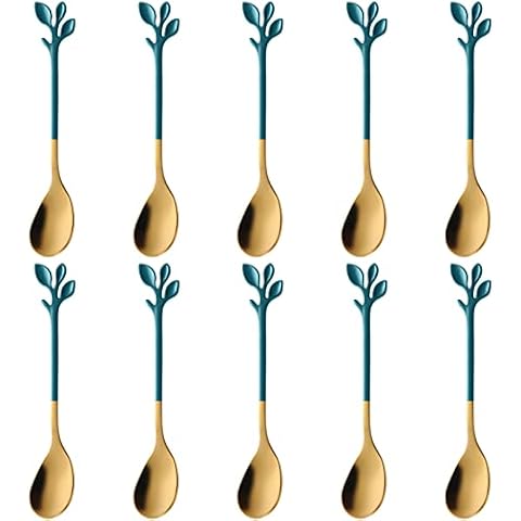 AnSaw Elegant Green & Gold Leaf Espresso Spoons - 10-Piece, 4.7" Mini Stainless Steel Coffee & Dessert Tea Spoons, Perfect for Demitasse & Small Servings Cover