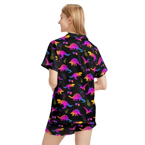Image of Funny Pajamas for Women Set Print Satin Loungewear Pjs Short Sleeve Button Down Top and Shorts Sets Sleepwear XS-3XL