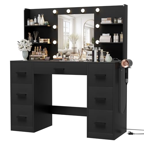 Furmax Vanity Desk with Mirror, LED Lights and Power Outlet Makeup Vanity Table with 7 Drawers and...