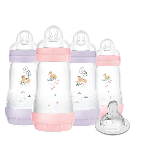 Image of MAM 9oz Easy Start Anti-Colic Baby Bottles, Medium Flow with Bonus Fast Flow Nipple, Breastfeeding-Like Silicone, Reduces Colic and Gas, Easy-to-Clean, BPA-Free, 2 Plus Months