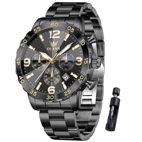 OLEVS �r���v �����Y ���O�W���A���[ �r�b�O���X�g�t�F�C�X �A�i���O �N�H�[�c �����Y�E�H�b�` �X�e�����X�X�`�[�� �h�� ���� ���t �h���X �N���m�O���t ���[���t�F�C�Y Relojes para Hombres, G3678-�I�[���u���b�N�B, r