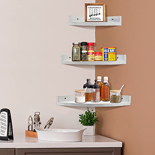 Sollasi Rustic White Floating Corner Shelves Set Of 3, Farmhouse Wooden Corner Wall Shelf, Kitchen Storage Shelf Wall Mount, Hanging Wall Decor Corner Shelf For Bedroom, Living Room, Bathroom, Office #TOP5