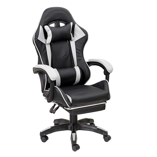 Baroni Home Silla Gaming con Respaldo Ergonómico Inclinable y Altura Regulable, Silla de Oficina con Soporte Lumbar, Reposacabezas Acolchado y Reposapiés Extraíble, Blanco, 58x66x114-124 cm