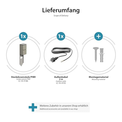 ledscom.de 2 St&uuml;ck Garten Steckdosen-S&auml;ule PIWI mit Erdspie&szlig; und 2m Kabel f&uuml;r au&szlig;en, IP44, 2-Fach, Edelstahl