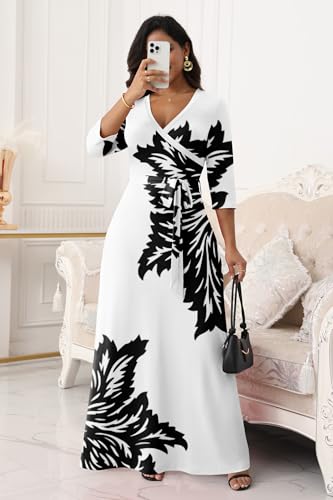 Image of FANDEE Plus Size Maxi Dress for Women Casual Summer Sundress V-Neck 3 /4 Sleeve