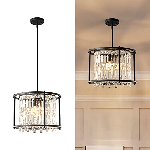 Image of LMQNINE Modern Foyer Chandelier, Black Crystal Chandelier Entryway Pendant Light Fixture, Round Adjustable Height Chandeliers for Kitchen Island, L15.74'' x H10.43''
