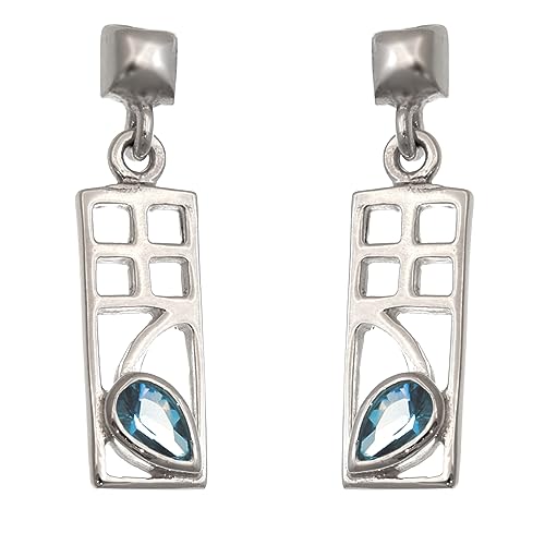Alexander Castle Charles Rennie Mackintosh Blue Topaz Kolczyki ze srebra wysokiej próby 925 dla kobiet, wiszące kolczyki z pudełkiem na biżuterię, 18 mm x 7 mm