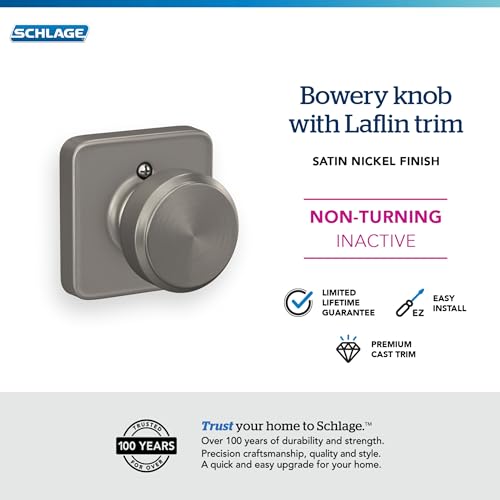 Image of Schlage F170 BWE 619 LFL Bowery Door Knob with Laflin Trim, One-Sided Non-Turning Dummy Handle, Satin Nickel