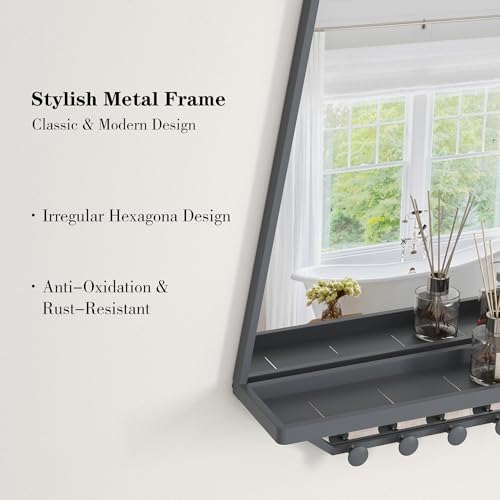 Image of BEAUTME 26x20 inch Bathroom Mirror with Shelf, Irregular Hexagonal Metal Wall Mirrors with Hooks, Bathroom Vanity Mirror Farmhouse, Wall Mounted Mirror Decor for Living Room Bedroom Entryway (Grey)