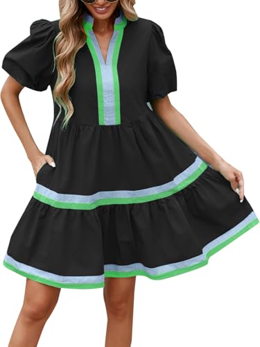 Image of LifeShe Womens Puff Sleeve Babydoll Dress V Neck Navy Blue Striped Color Block Tiered Mini Dresses