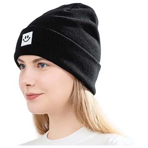 upeilxd Winter Beanie Hat Stretchy Soft Warm Cuffed Winter Hat with Smile Face Comfortable Women Cuffed Beanies for Girls, Black Cover