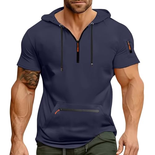 Camiseta de manga corta para hombre con capucha, con cordón, elegante, vintage, informal, cómoda, transpirable, holgada, elástica, para verano, manga corta para entrenamiento, marine, XXL