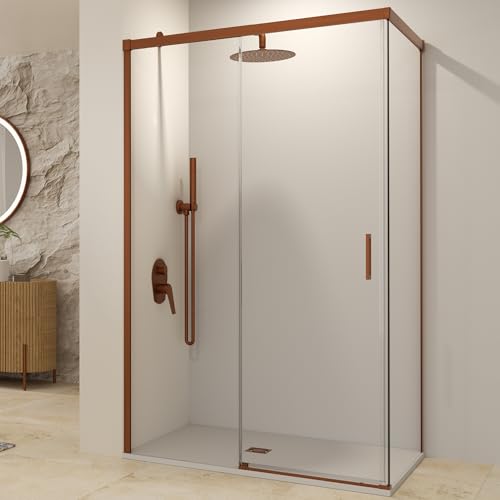 IMEX - Mampara Ducha 2 Fijas + 1 Corredera 165x90cm Oro Rosa Cepillado | Mampara Angular con Cristal Reversible y Perfilería de Aluminio con 195cm de Altura | Vidrio con Grosor 6mm y Cierre con Imán