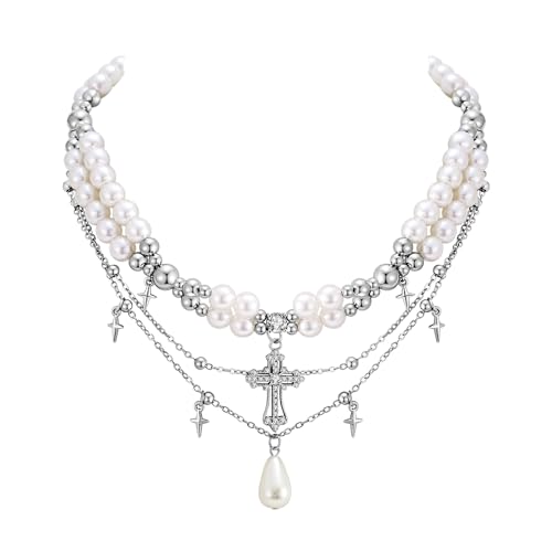 WOWORAMA Gothic Pearl Cross Necklace for Women Layered Pearl Strand Necklaces Vintage Punk Goth Cross Pearls Choker Necklaces Halloween Christmas Gothic Jewelry